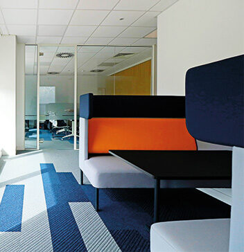 blue nad orange furniture in an office