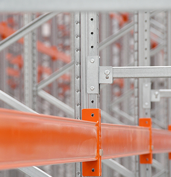 Close up of pallet racking frame and beams