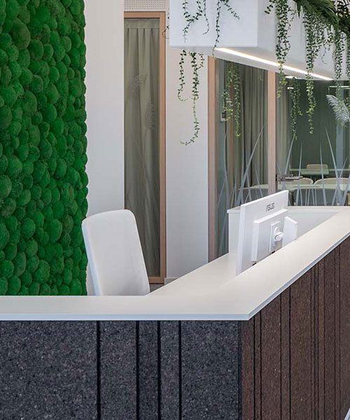 pemmbled texture reception desk with a green background, a white desk chair and plants hanging above it. - Narbutas image