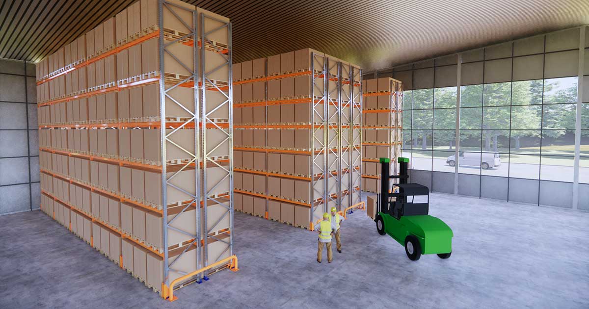  Warehouse interior with shelving units, two workers in safety gear, a forklift, and natural lighting.