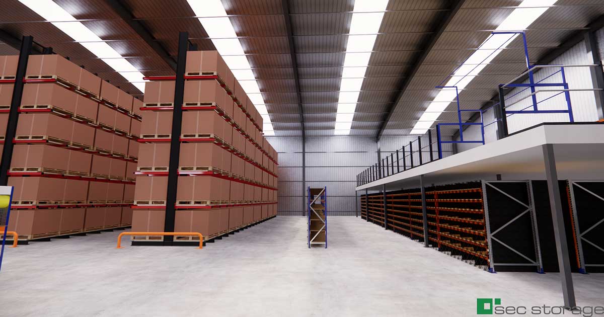  Warehouse interior with empty shelves and industrial storage racks.