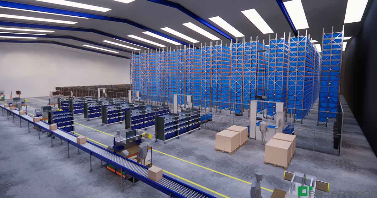  Conveyor system and blue racks in modern, spacious distribution center.