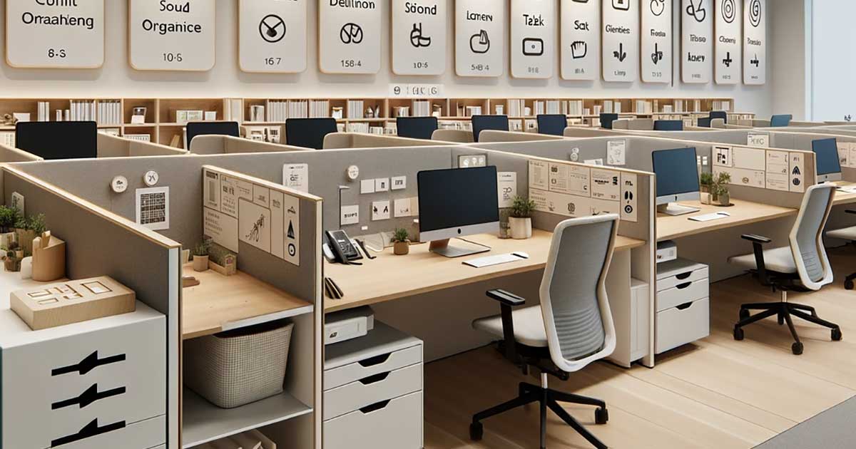 The image depicts an office space tailored for cognitive accessibility.