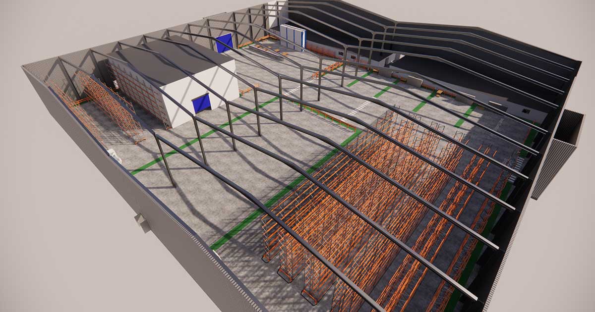  3D model of an industrial warehouse interior with empty shelves.